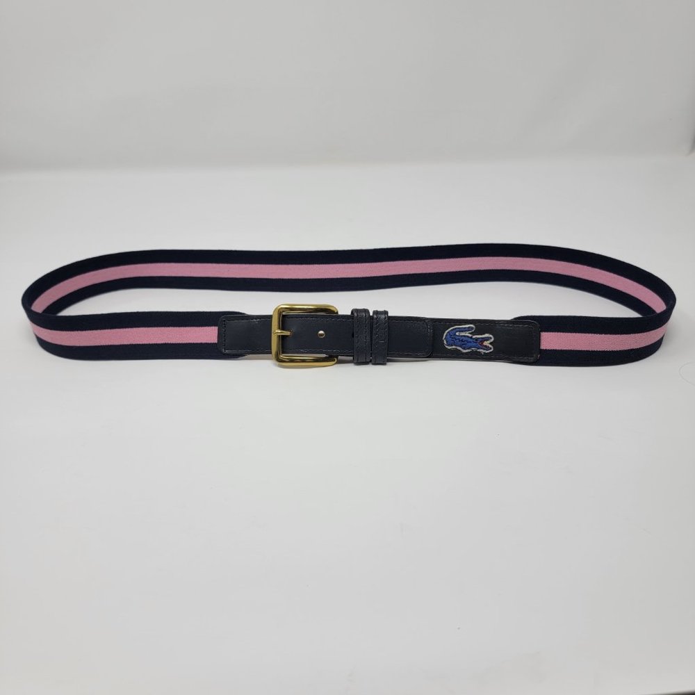 Vintage Lacoste Alligator Navy Blue and Pink Stripe Elastic Leather Belt - Picture 5 of 12